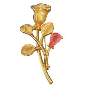Vtg AVON Signed Brooch Rose Flower Pink Rhinestone Gold Tone Pin Estate Find